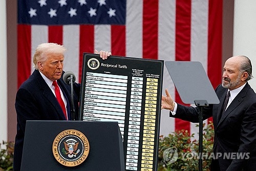 지난 4월 2일 백악관에서 무역상대국에 적용할 상호관세율이 적힌 패널을 보여주며 설명을 하는 트럼프 대통령. 로이터 연합뉴스