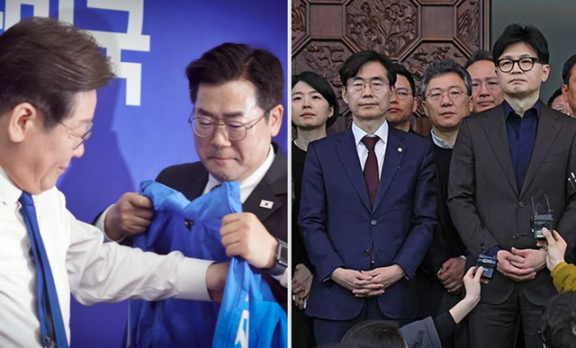 지난 6·3 대통령선거 기간 더불어민주당 이재명 대선후보와 박찬대 당대표 직무대행 겸 원내대표(왼쪽), 지난해 12월4일 새벽 국회 본회의장에서 비상계엄 해제요구 결의안 찬성 표결을 마친 국민의힘 의원들과 이들을 주도한 한동훈 전 당대표(오른쪽).<박찬대 국회의원 페이스북 사진·국민의힘 홈페이지 사진 갈무리>
