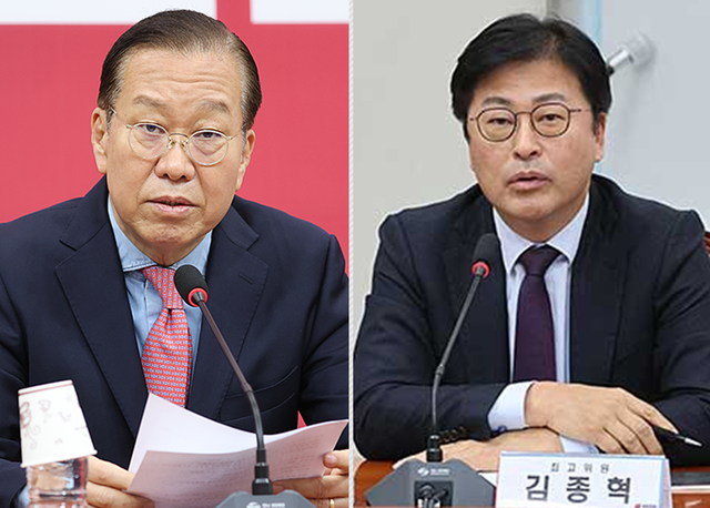 국민의힘 비상대책위원장 재임 시절의 권영세(왼쪽) 의원, 지명직 최고위원 재직 당시의 김종혁 경기 고양병 당협위원장.<국민의힘 홈페이지 사진>
