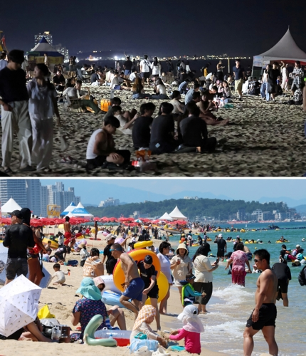 열대야와 폭염이 계속된 27일 강원 강릉시 경포해수욕장이 피서객들로 북적이고 있다. 사진은 27일 자정 무렵(위)과 이날 낮 모습.   [연합뉴스]