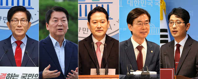 31일까지 국민의힘 8·22 전당대회 당대표 예비후보로 등록한 김문수(왼쪽부터) 전 고용노동부 장관, 안철수 의원, 장동혁 의원, 조경태 의원, 주진우 의원.<각 인물 페이스북 사진 갈무리>