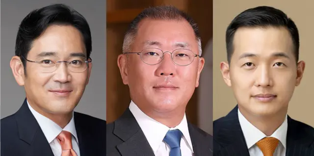 이재용(왼쪽부터) 삼성전자 회장, 정의선 현대차그룹 회장, 김동관 한화그룹 부회장. 각 사 제공