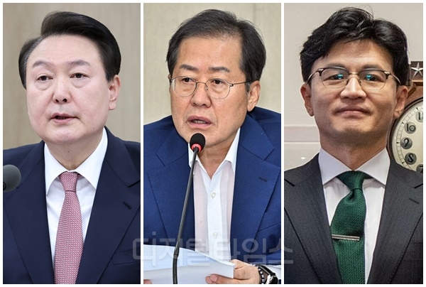 (맨 왼쪽부터) 윤석열 전 대통령, 홍준표 전 대구시장, 한동훈 전 국민의힘 대표. [디지털타임스 DB, 대통령실 제공]