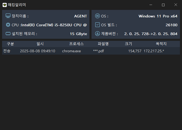 PC 해킹 알리미 관련 파일 외부 전송 알림창 예시. 제이커넥트 제공