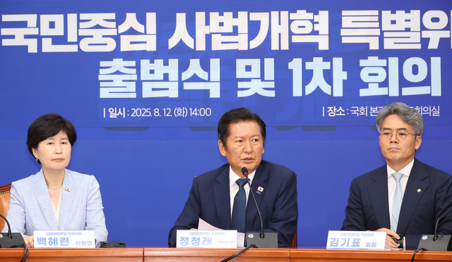 정청래 더불어민주당 대표가 12일 국회에서 열린 당 국민중심 사법개혁특별위원회 출범식·1차 회의에서 발언하고 있다. [연합뉴스]