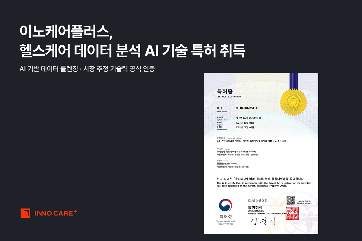 이노케어플러스, AI 기반 요양급여 데이터 클렌징·시장 예측 기술 특허... - 뉴스 썸네일 이미지