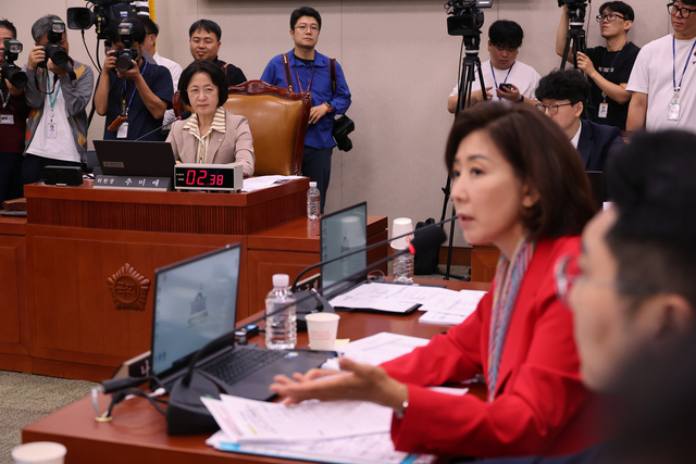 나경원 국민의힘 의원이 4일 서울 여의도 국회에서 열린 법제사법위원회 전체회의에서 발언하고 있다. 왼쪽은 추미애 위원장. [연합뉴스]