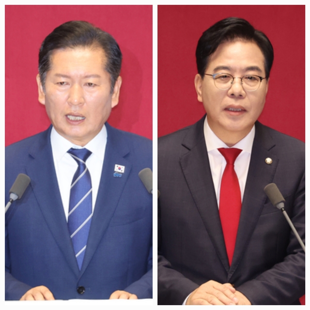 정청래 더불어민주당 대표(왼쪽)와 송언석 국민의힘 원내대표. 송 원내대표는 10일, 정 대표는 9일 국회에서 교섭단체 대표연설을 진행했다. [연합뉴스]