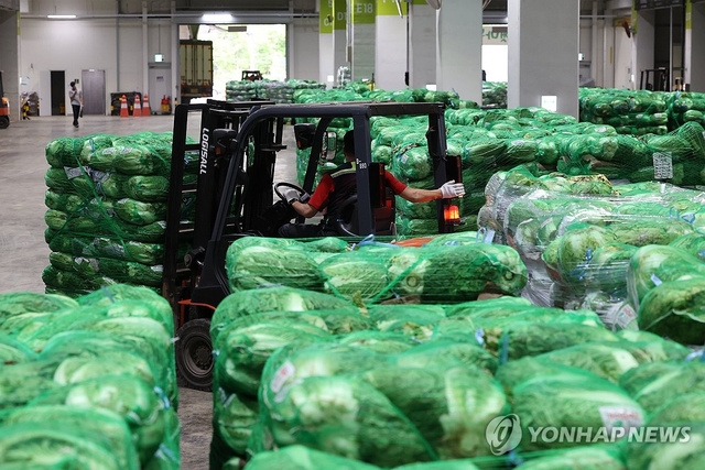 한 시장에서 배추를 옮기고 있다. [연합뉴스]