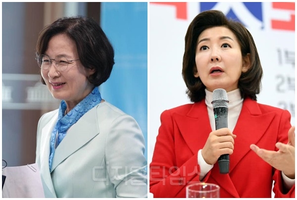 추미애(왼쪽) 더불어민주당 의원과 나경원 국민의힘 의원. [디지털타임스 DB, 연합뉴스]