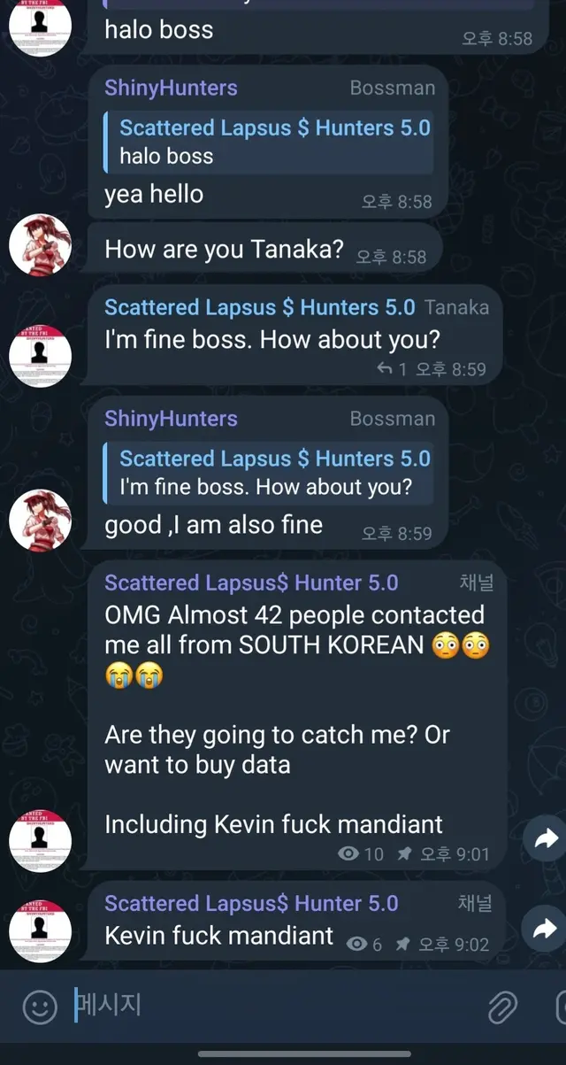 스캐터드 랩서스$의 탤레그램 업로드 타임라인. SNS 갈무리