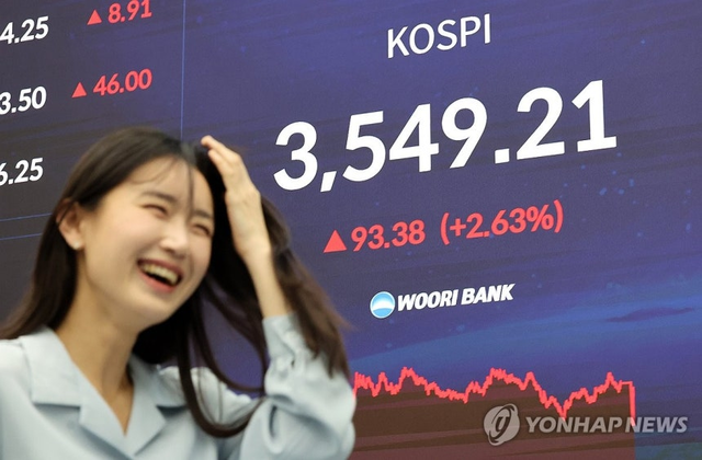 코스피가 사상 처음 3500선을 돌파하며 종가 기준 역대 최고치인 3549.21로 마감한 2일 오후 서울 중구 우리은행 딜링룸에서 관계자가 업무를 보고 있다. 연합뉴스