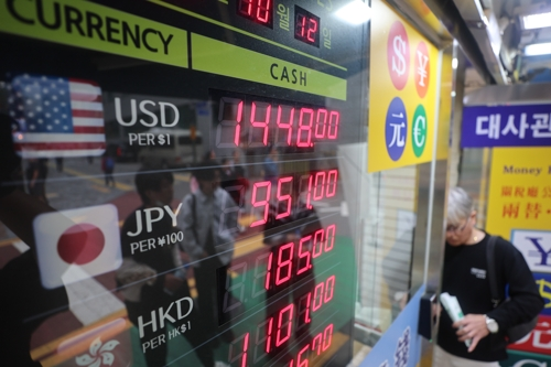 원·달러 환율이 치솟는 가운데 지난 12일 서울 시내 한 환전소에 환율이 표시돼 있다. 원·달러 환율은 야간거래에서 한때 1432원까지 치솟았다가 상승폭을 일부 되돌렸다. [연합뉴스]