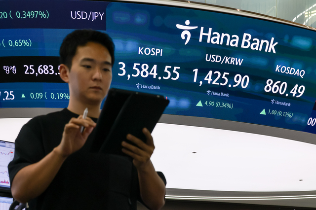 코스피가 전 거래일보다 26.05포인트 하락한 3584.55로 장을 마친 13일 서울 중구 하나은행 딜링룸에서 직원이 분주히 업무를 보고 있다. 이날 코스닥은 1포인트 오른 860.49로 마감했다.
