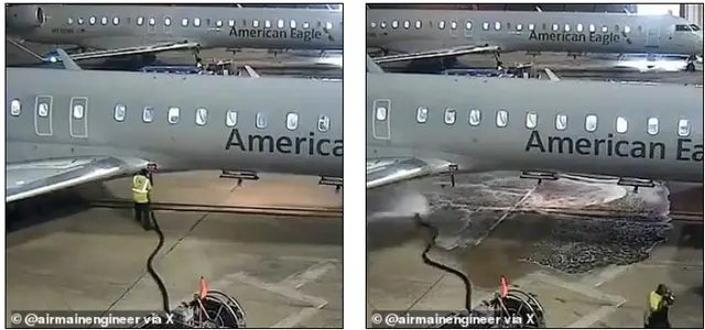 댈러스 포트워스 국제공항의 한 직원이 아메리칸 이글 제트기에 연료를 공급하던 중 활주로에 실수로 제트 연료를 뿌리는 모습. X 갈무리