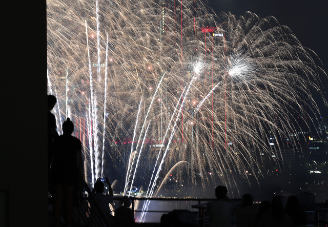 서울 여의도 한강공원에서  지난 27일 오후 열린 ‘2025 서울세계불꽃축제’에서 화려한 불꽃이 밤하늘을 수놓고 있다. 주최측인 ㈜한화는 100만여명의 관람객이 축제를 관람했다고 전했다. 한화 제공