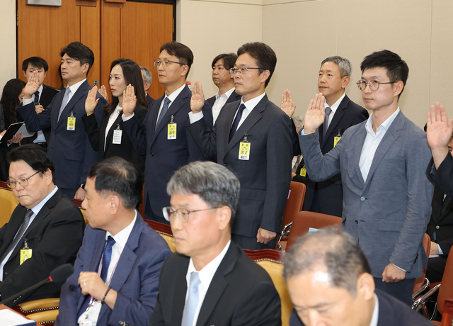 우영규(사진 왼쪽) 카카오 부사장이 14일 국회 과학기술정보방송통신위원회 방송미디어통신위원회 국정감사에 출석해 선서를 하고 있다. 연합뉴스