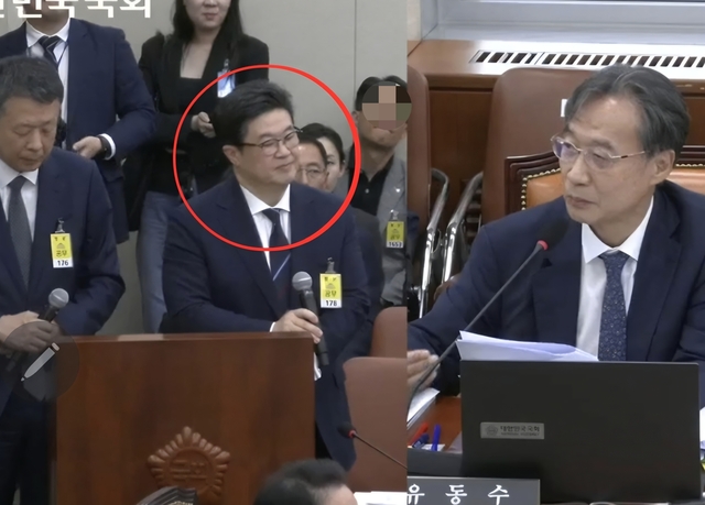 김병주(빨간색 원) MBK파트너스 회장이 14일 열린 국회 정무위 공정거래위원회 국정감사에서 유동수 더불어민주당 의원의 질문을 듣고 있다. [인터넷 의사중계시스템 캡처]