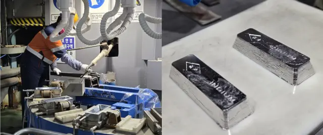 인듐 주조 과정(왼쪽)과 최종 제품화 된 인듐괴. 장우진 기자