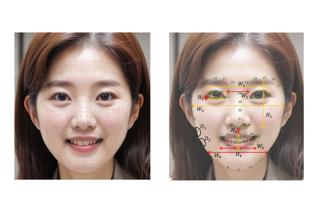 안면 특징점 추출 기술 적용 예시(왼쪽)와 얼굴 부위별 6가지 노화 지표 정의 예시. [LG생활건강 제공]