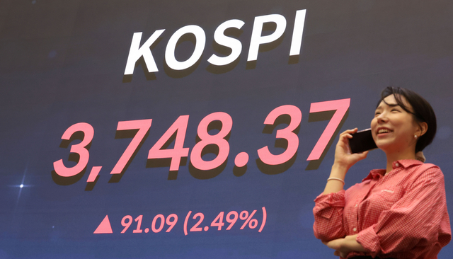 16일 서울 여의도 한국거래소 현황판에 코스피 지수가 표시돼 있다. 이날 코스피는 전 거래일 대비 91.09포인트(2.49%) 오른 3,748.37에 장을 마감했다. [연합뉴스]