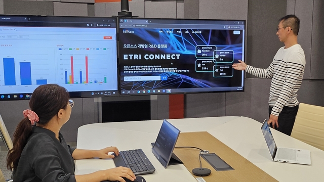 ETRI 연구진이 ETRI 오픈소스 개방형 R&D 플랫폼에 대해 설명하고 있다.
ETRI 제공.