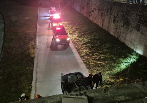 택시가 다리 난간 뚫고 하천 둔치로 추락…운전자 중상