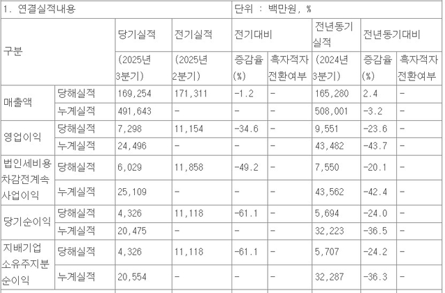 애경산업 2025년 3분기 실적 현황. [전자공시시스템 캡처]