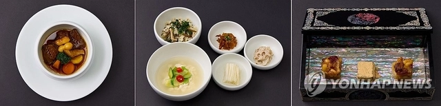 대통령실은 31일 경주 APEC 정상회의 공식 환영 만찬을 공개했다. 이번 만찬은 한국계 미국인 셰프 에드워드 리가 개발에 직접 참여했다. 왼쪽부터 갈비찜, 나물비빔밥, 파이·캐러멜 디저트. [대통령실 제공. 연합뉴스]