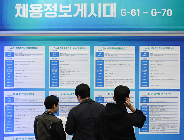 5일 대구 북구 엑스코에서 열린 ‘2025 대구·경북 채용박람회’에서 구직자들이 채용정보를 살펴보고 있다. [연합뉴스]
