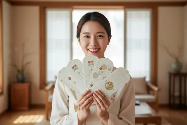 실제 화폐부산물을 재활용한 친환경 용지로 제작된 행운의 ‘돈 봉투’를 들고 있는 모델의 모습. [조폐공사]