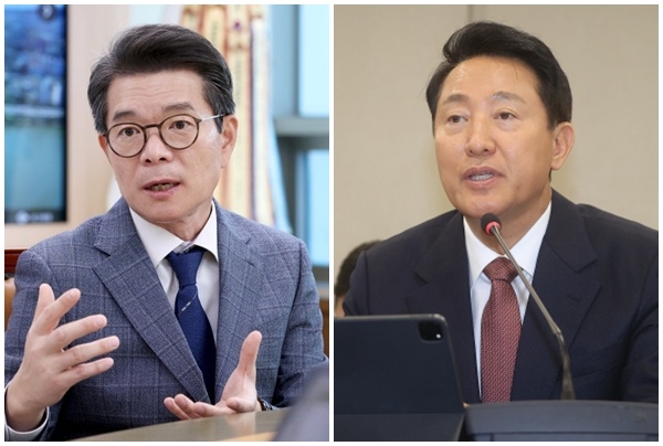 정원오(왼쪽) 서울 성동구청장과 오세훈 서울시장. [연합뉴스]