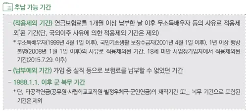 국민연금 가입자는 연금보험료 납부 이후의 적용제외 기간, 가입 중 실직 등으로 보험료를 납부할 수 없었던 기간, 1988년 이후 군 복무 기간에 대해 최대 119개월까지 추납을 신청할 수 있다. [국민연금 제공]
