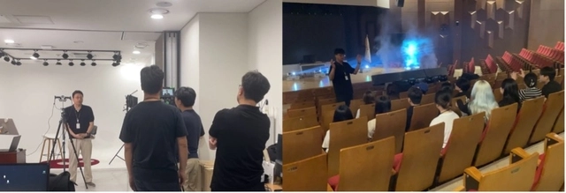 SBS 다큐 촬영 현장에서 인터뷰 준비 중인 서경대 김대연(왼쪽) 교수와 실감형 문화기술 시연에 대해 학생들에게 설명 중인 백호길(오른쪽) 교수