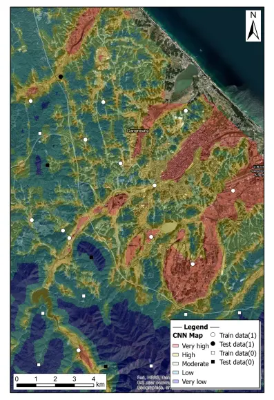 지질자원연이 합성곱신경망(CNN) 기반의 AI 딥러닝 기술로 분석한 강릉 남대천 지하수 산출 유망도. 지질자원연 제공.