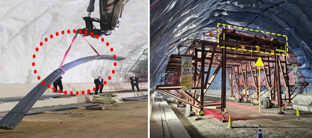 기존에 터널공사 현장에서 중장비를 이용해 자재를 옮기는 모습(왼쪽)과 롯데건설 터널공사 현장에서 작업대차에 설치한 양중리프트를 이용해 자재를 옮기는 모습(오른쪽). [롯데건설 제공]