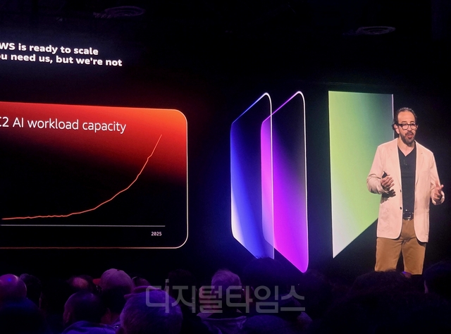 피터 데산티스 AWS 유틸리티 컴퓨팅 수석 부사장이 4일(현지시간) 미국 라스베이거스에서 열린 ‘리인벤트(re:Invent) 2025’ 행사의 기조연설에서 발표하고 있다. 임성원 기자