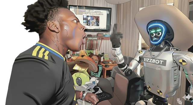 휴머노이드 리즈봇(오른쪽)이 유명 크리에이터 스피드와 만남에서 대화 중 손가락 욕(모자이크 처리)을 하고 있다. 해당 이미지는  유튜브·소셜미디어 ‘IShowSpeed’ 캡처를  구글 제미나이로 생성한 것이다.