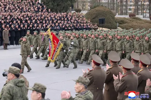 러시아 파병 공병부대 환영행사(조선중앙통신=연합뉴스)