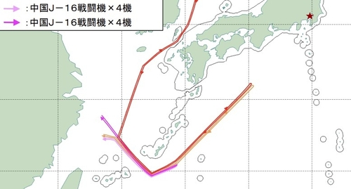 중국과 러시아 폭격기 이동 경로. 붉은색 별이 도쿄 위치(통합막료감부 보도자료 캡처=연합)