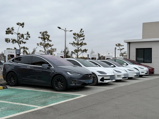 경기 고양시 한 휴게소에 위치한 테슬라 전기차 충전소 수퍼차저에서 전기차들이 충전을 하고 있다. 디지털타임스 DB