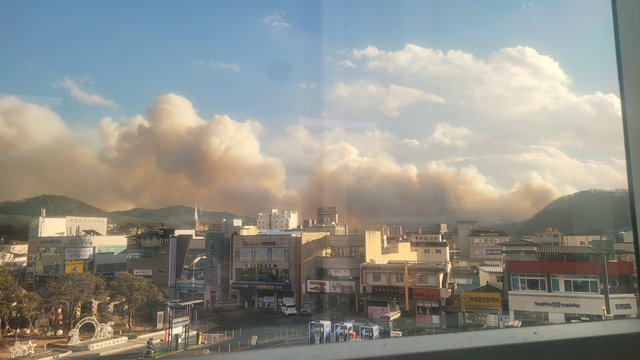 경북 의성군 의성읍 비봉리 산에서 10일 오후 3시 14분께 화재가 발생해 연기가 자욱하다. [연합뉴스]