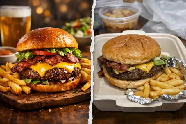 AI를 활용한 메뉴 이미지(왼쪽)는 대단히 먹음직스럽지만 실제 나온 햄버거는 한 눈에 보기에도 메뉴판과 크게 다르다. 챗GPT 생성 이미지