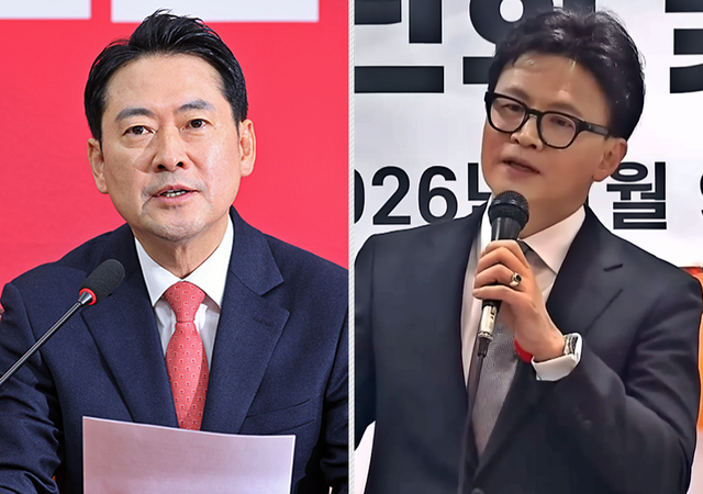 장동혁 국민의힘 당대표가 1월 12일 당 최고위원회의에서 발언하는 모습(왼쪽), 한동훈 국민의힘 전 대표가 지난 1월 9일 서울 동대문을 당원협의회에 초청돼 강연하는 모습(오른쪽).<연합뉴스 사진·유튜브 채널 ‘한동훈’ 영상 갈무리>