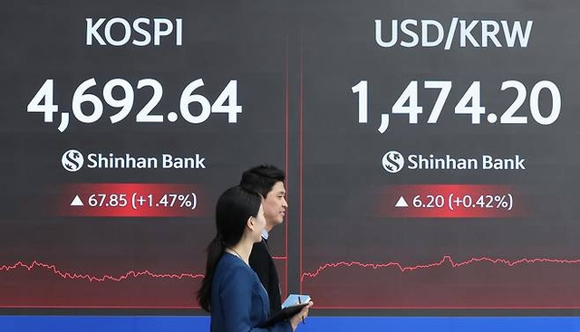 13일 서울 신한은행 본점에 코스피 지수와 환율이 표시되고 있다. 연합뉴스