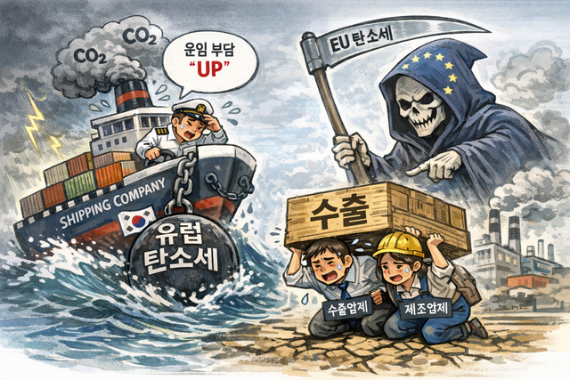 유럽연합(EU) 탄소배출권 거래제(ETS) 부담율이 올해 들어 큰폭으로 늘어나면서, 시행에 따른 비용 보전을 위해 해운선사에서 'ETS할증료'를 운임에 포함하며 수출업체와 제조업체에 부담이 되고 있다. 사진은 ChatGPT가 그린 그림.
