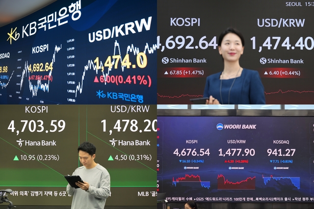 KB국민(시계방행)·신한·하나·우리은행 딜링룸 전광판 모습.
