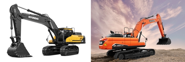 HD건설기계가 14일 아프리카 에티오피아 광산 개발 업체로 부터 수주했다고 밝힌 52톤급 현대 굴착기(왼쪽)와 36톤급 디벨론 굴착기. HD현대건설기계 제공.