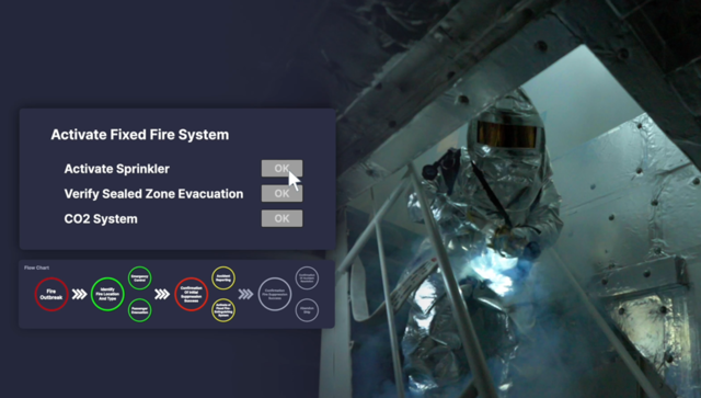 선박해양플랜트연이 개발한 ‘AI 기반 손상통제지원시스템’을 활용한 화재 대응 및 진입 활동 예시도. KRISSO 제공.