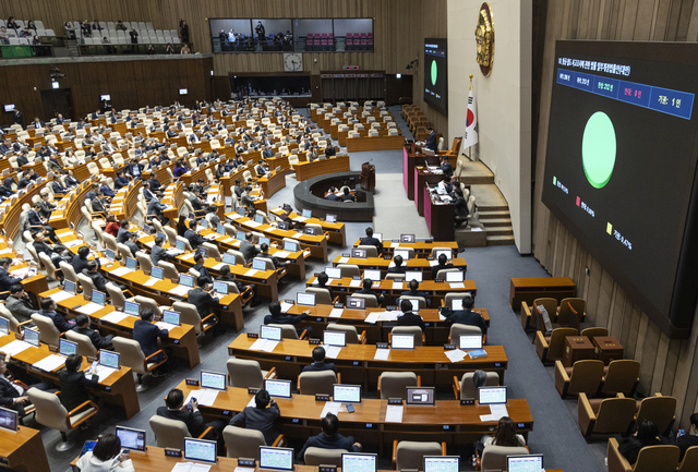 15일 국회 열린 2026년 1월 임시국회 1차 본회의에서 항공ㆍ철도 사고 조사위원회의 소속을 국토교통부에서 국무총리 산하로 이동하는 법률 개정안이 여야 의원들의 투표로 통과되고 있다. [연합뉴스]
